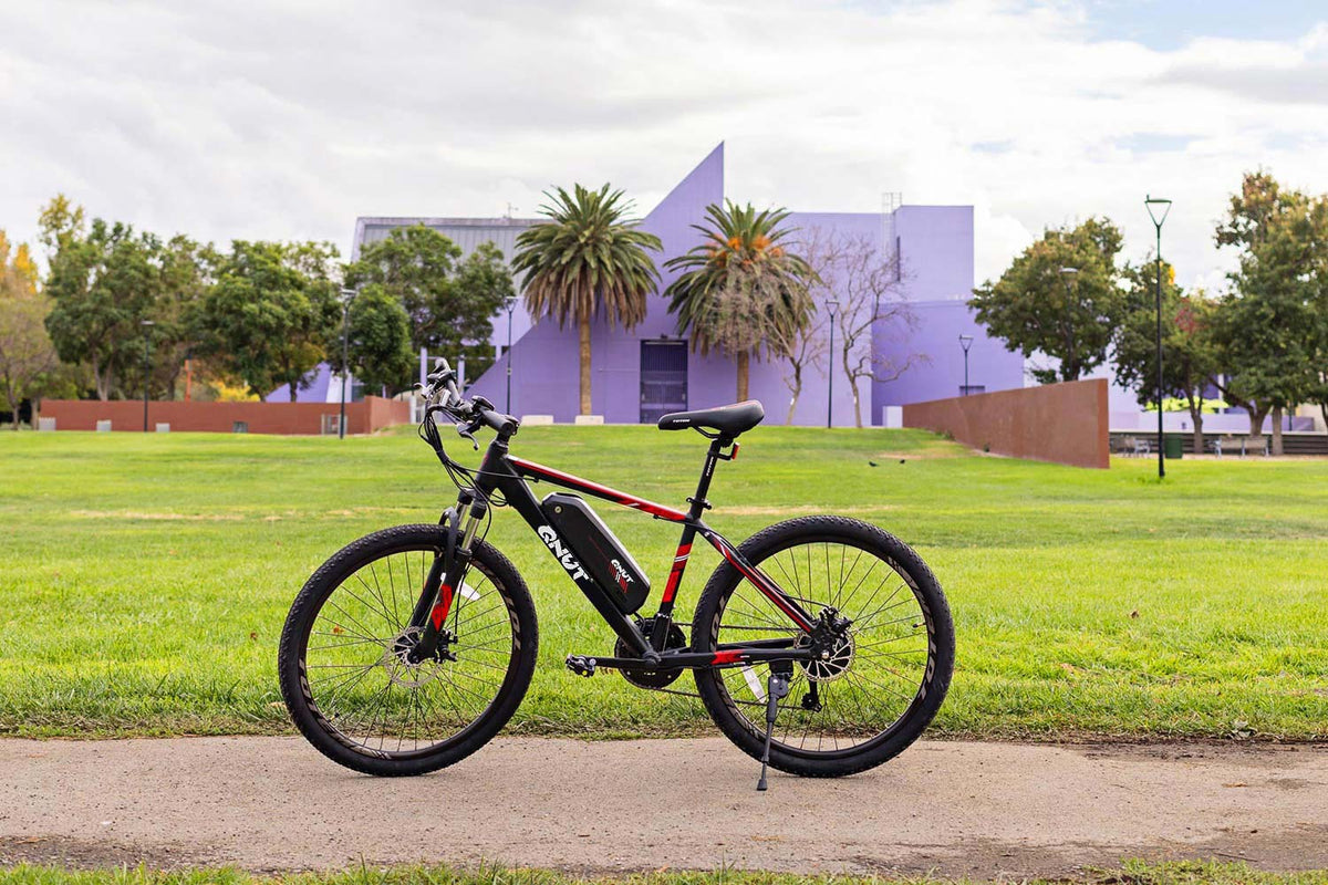 A QNUT electric mountain bike is parked on a paved path in a grassy park.