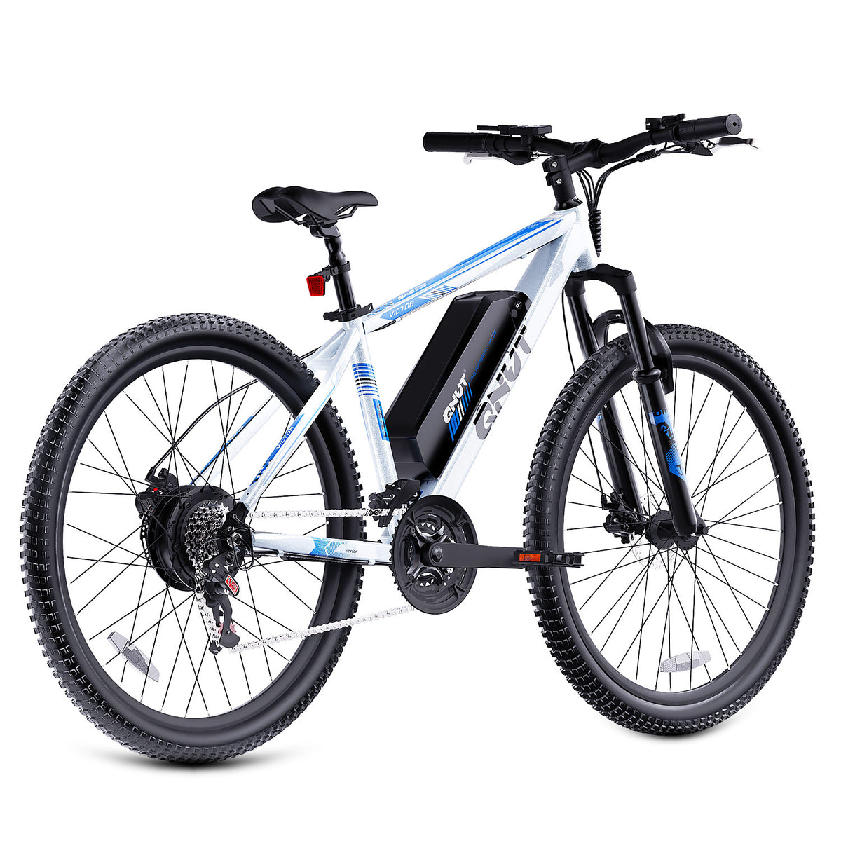 QNUT Victor Electric Mountain Bike in Whiter Right Rear Three-Quarter View 